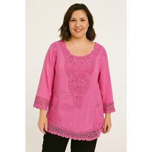 S.R. Fashion Womens Tunic Top Cover UpXXL Pink 3/4 Sleeve Crochet Coastal Beach